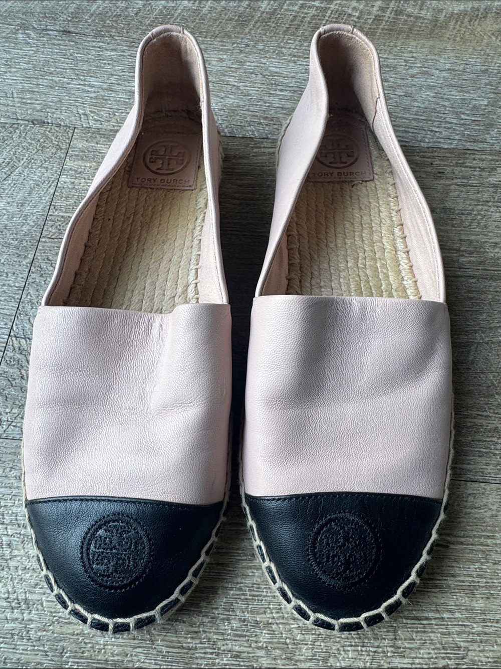 Tory Burch Blush Pink and Black Leather Cap-Toe Espadrille Flats size 7.5